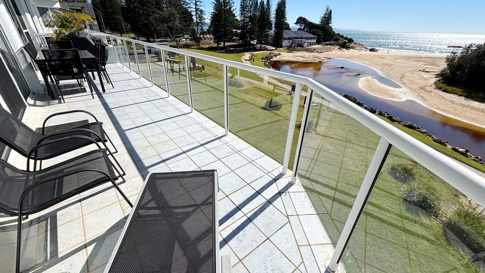 Balcony with ocean views.