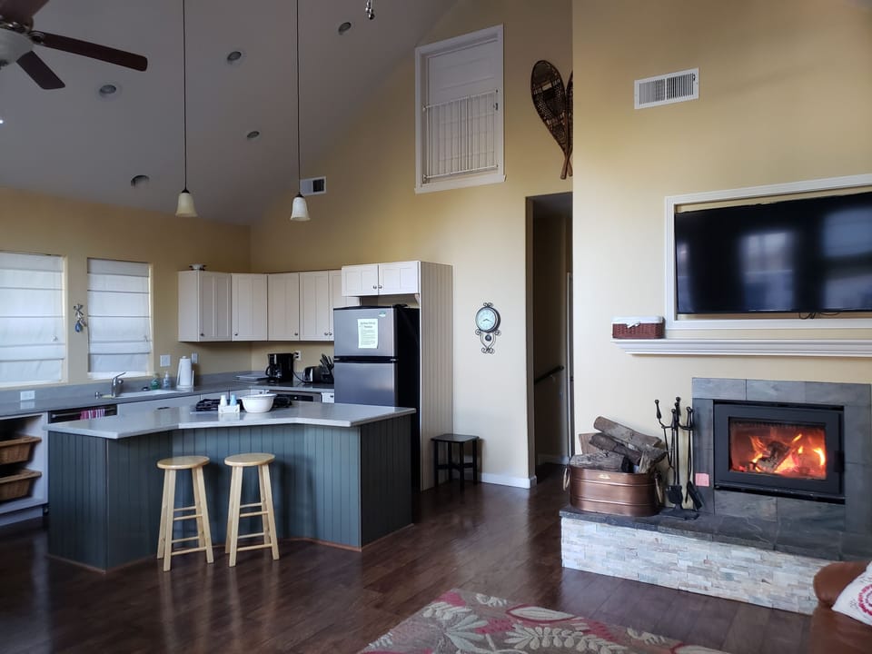 Kitchen and fireplace