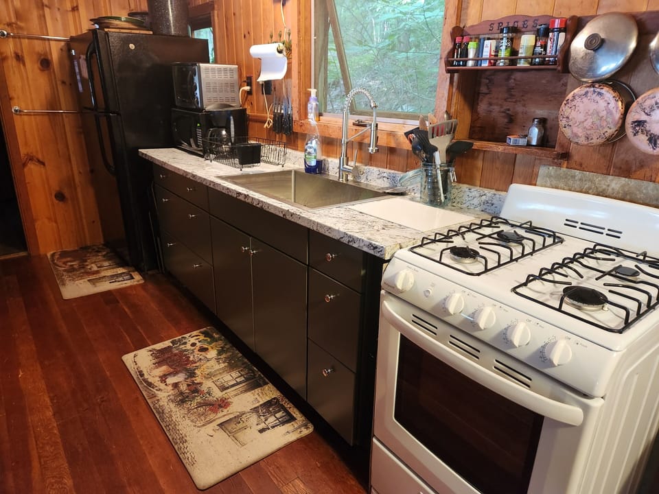 Stove, Kitchen Cabinets and Refrigerator