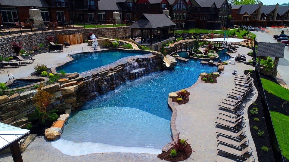 Aerial view of our beautiful pools. Top infinity pool and bottom is zero entry!