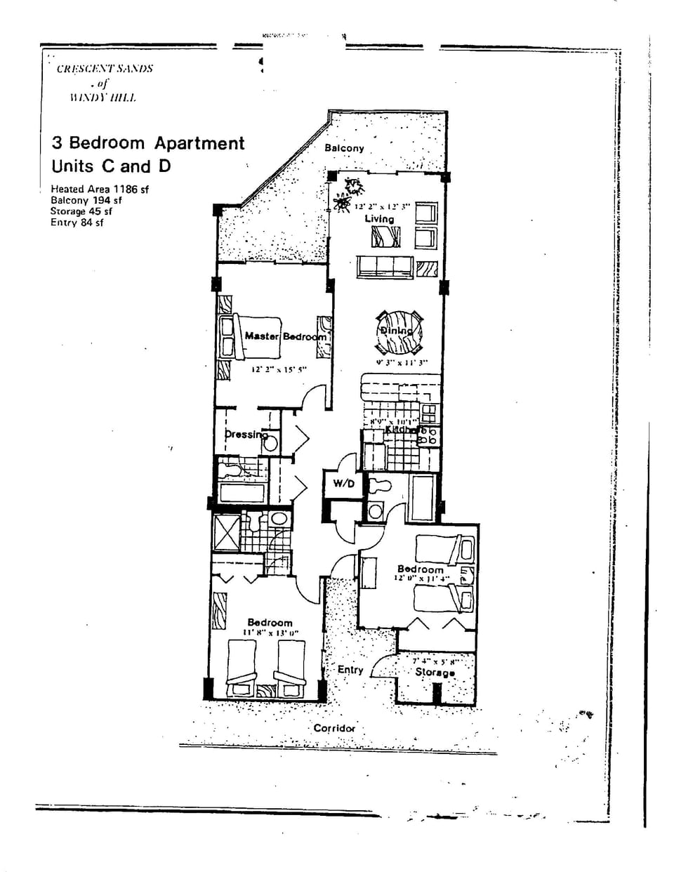 Condo Floorplan.  Entry from the street side, patio on the ocean side.