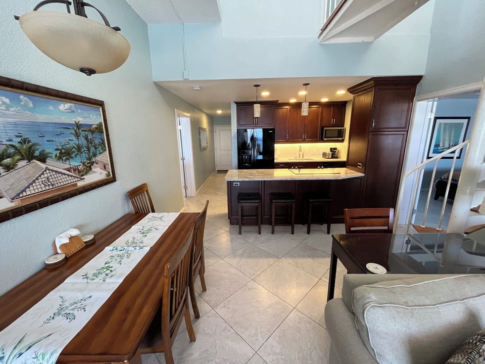 Kitchen with Master BR thru door on left & King/Twin BR thru door on right 