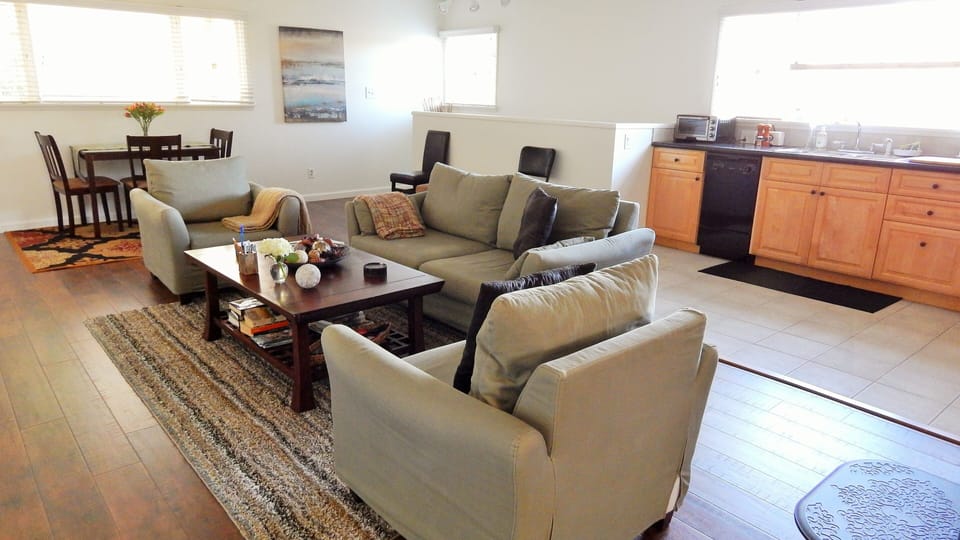 open, spacious, living, kitchen, and dining areas