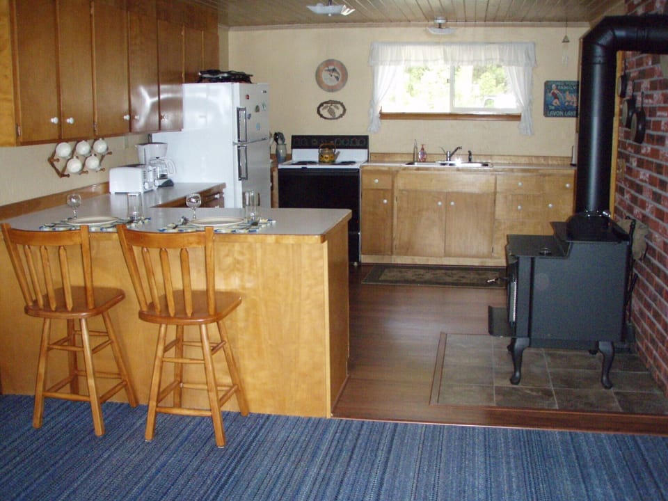 Newly remodeled kitchen with wood stove.