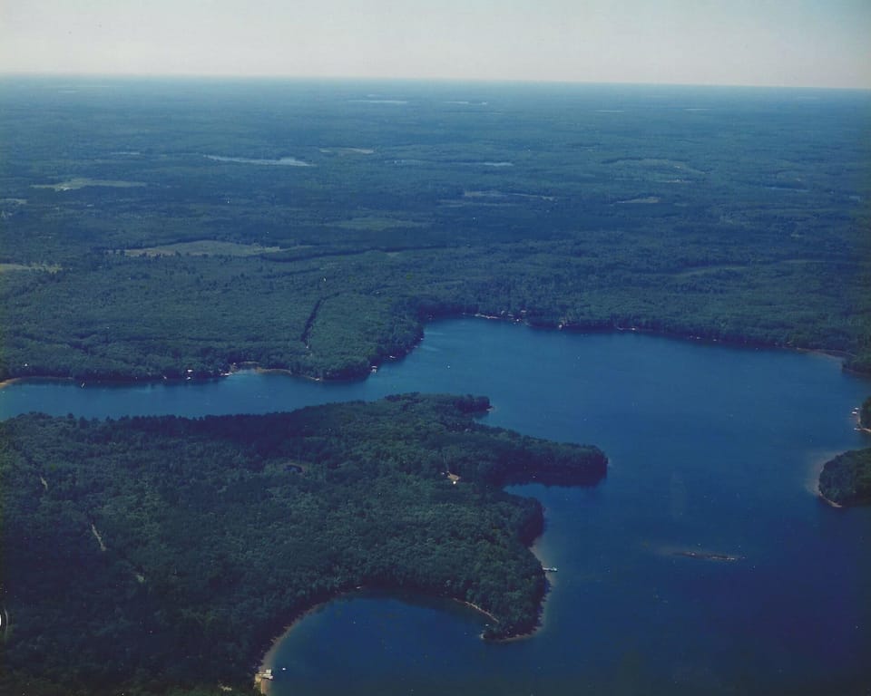 Aerial view of the lake looking west.  Our 'Point' is the large point of land. 