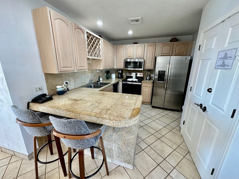 Fully stocked kitchen.