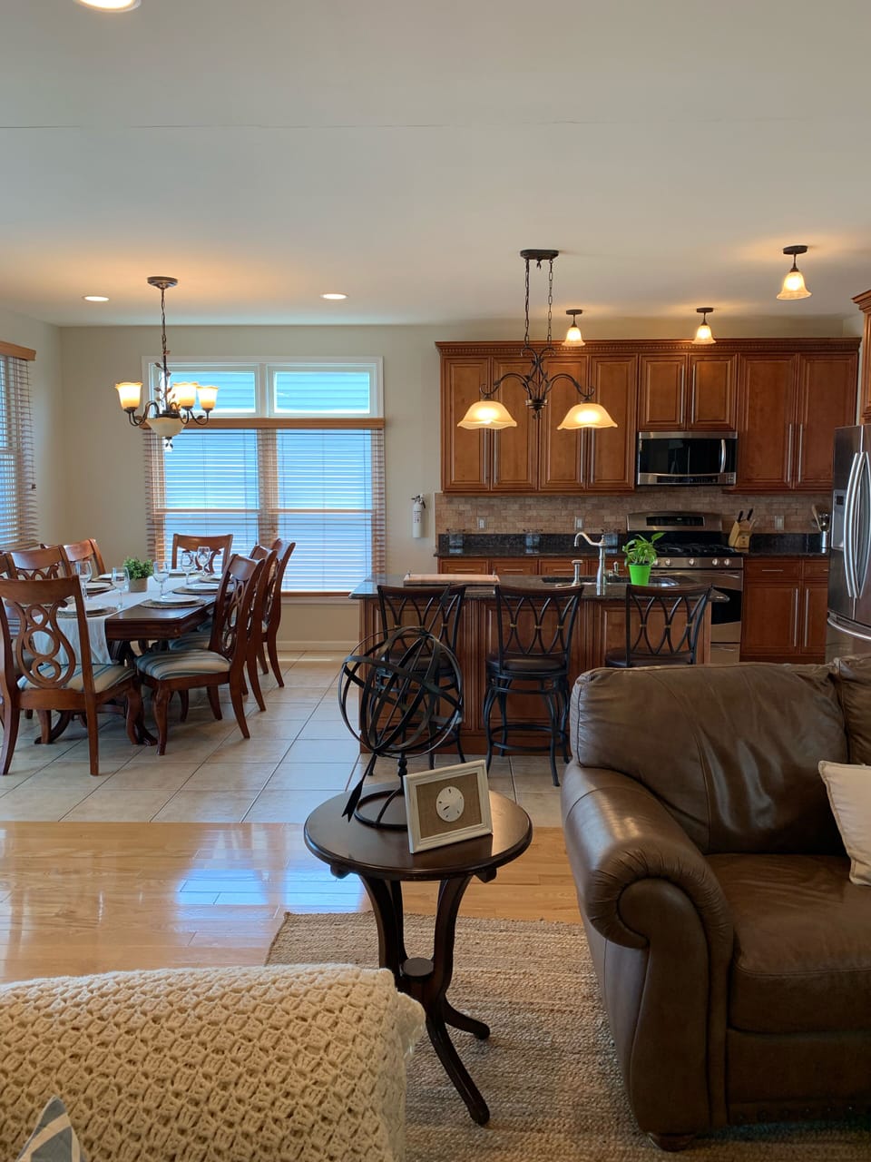 Clean modern airy.  Open floor plan to kitchen, dining keeps everyone together