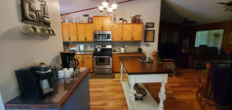 There's plenty of room for home-cooked meals in the well-stocked kitchen