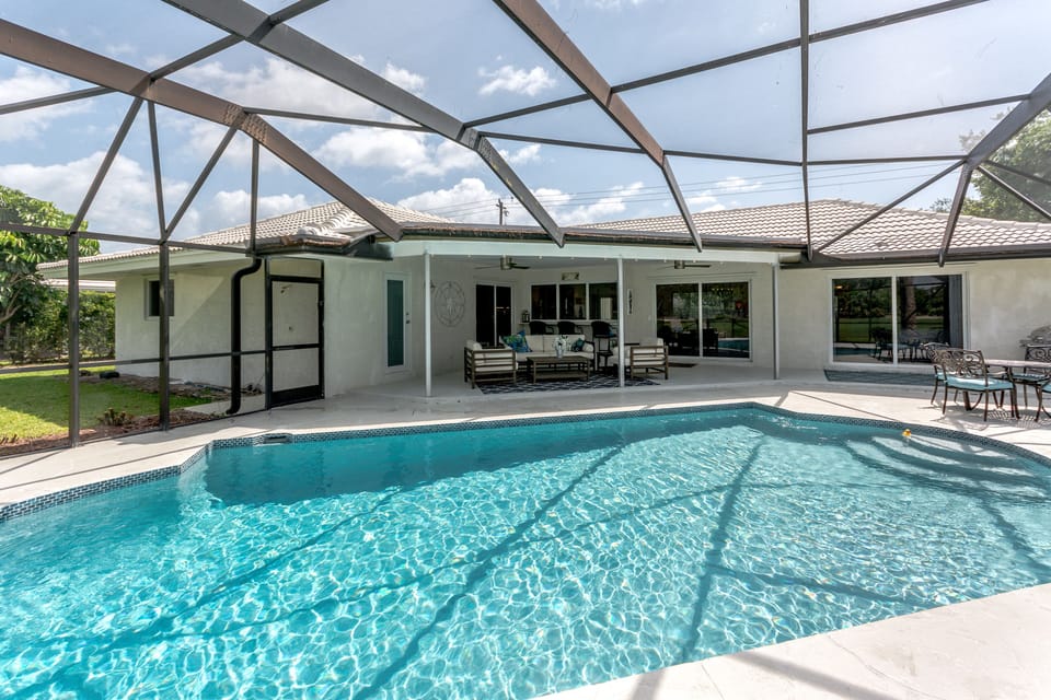 Newly refinished pool and decking , 3 feet to 6 feet deep