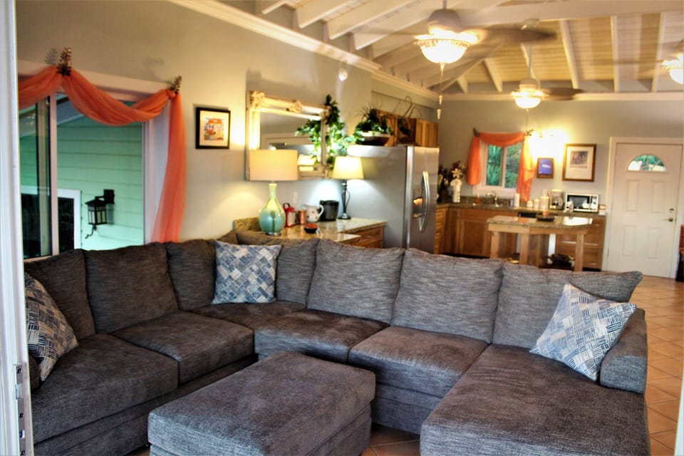 Sectional coach has a fold out bed if needed.