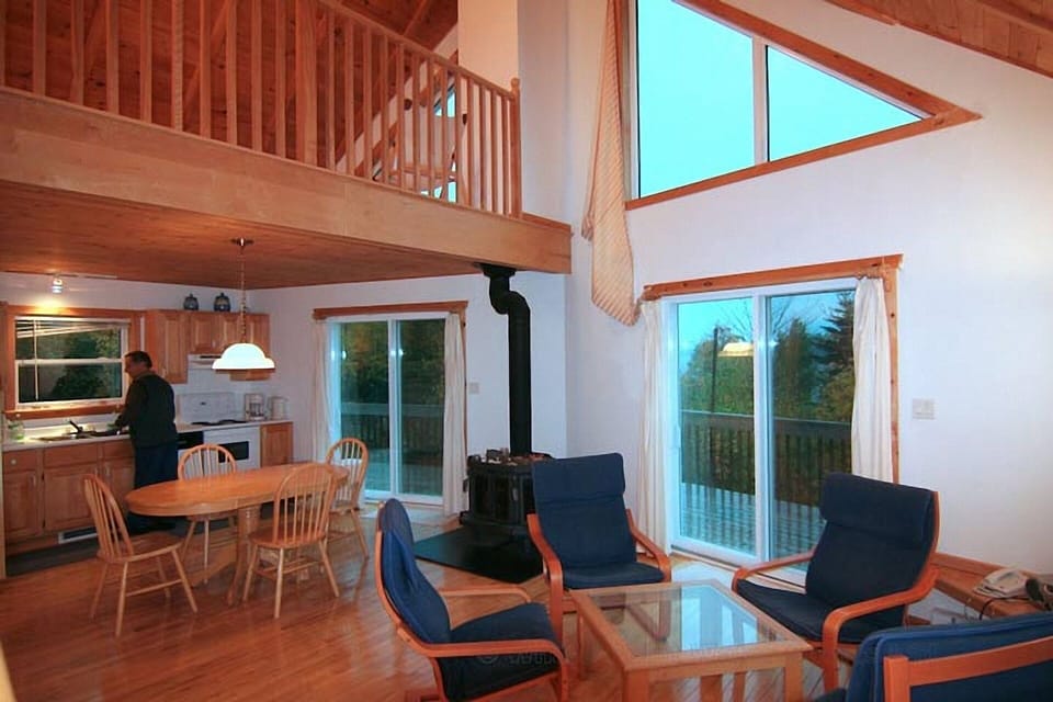 kitchen, living room open concept with cathedral ceiling