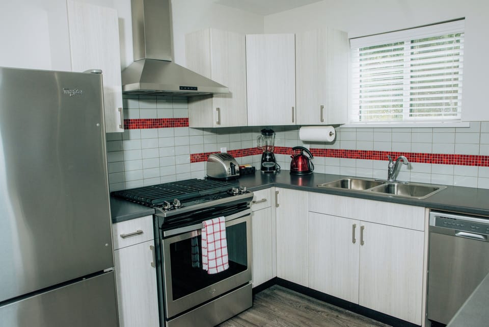 Kitchen with full size fridge, gas stove and dishwasher
