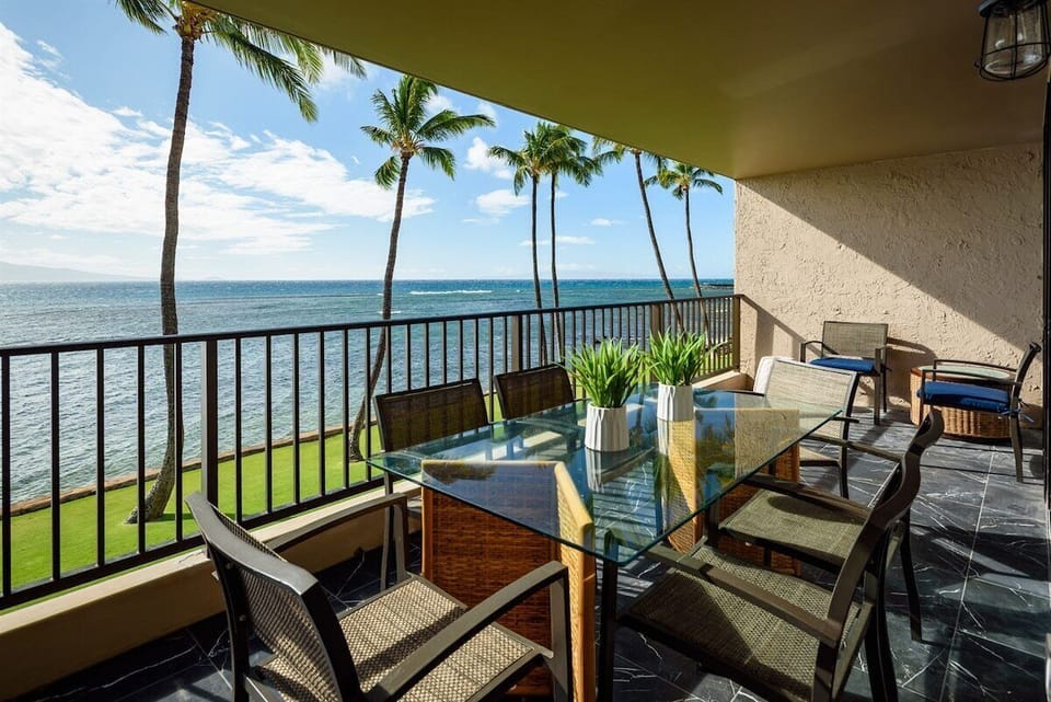 Dine with a view! Your private oceanfront lanai is perfect for sunset dinners, morning coffee, and endless relaxation in paradise.