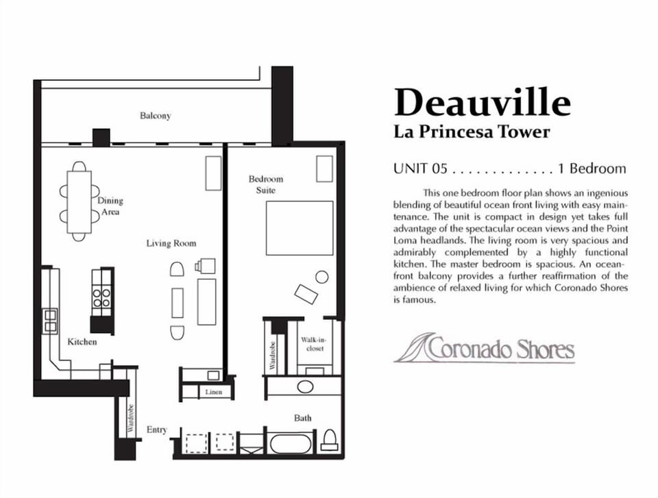 Floor plan of huge 1BR/1BA with largest balcony of any unit in Coronado Shores.