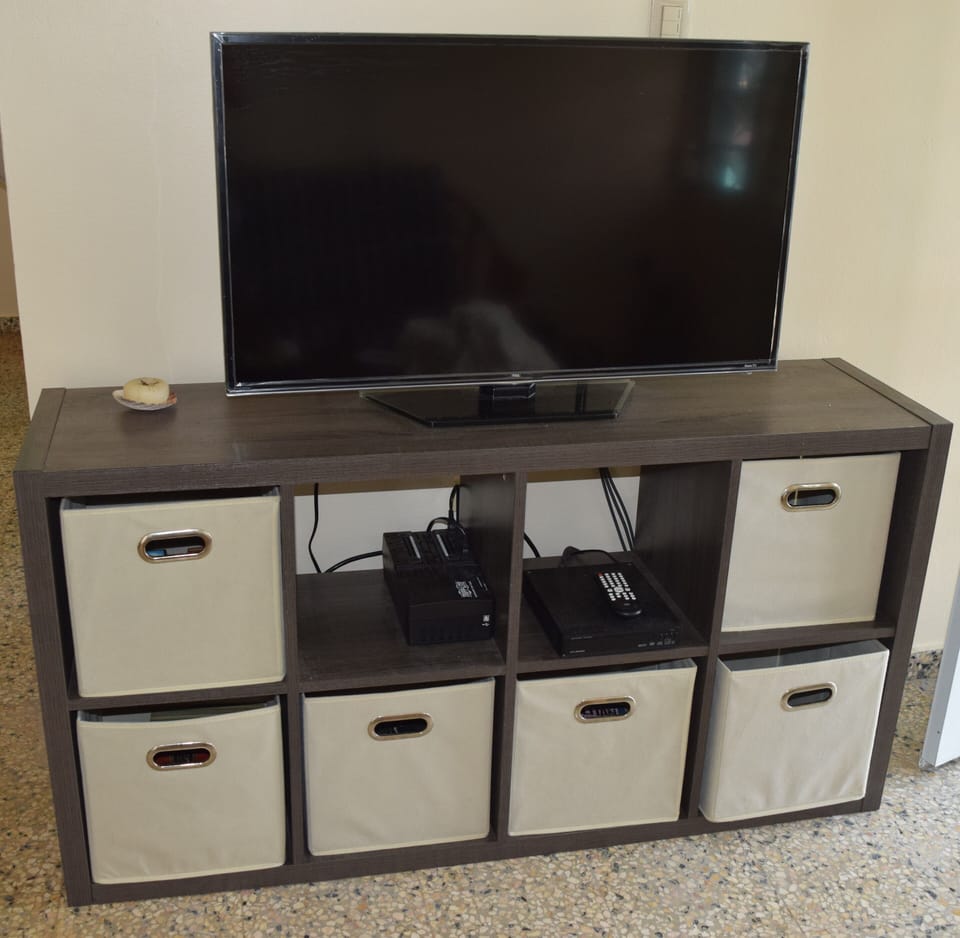 Large screen with network streaming options, DVD player and give/take library
