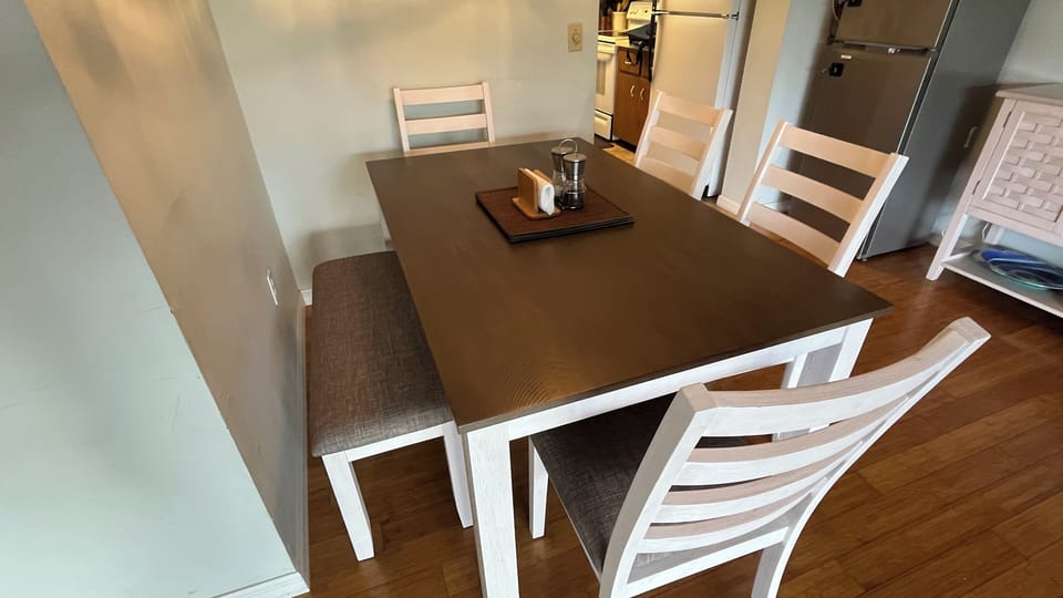 Dining table, seats 6.