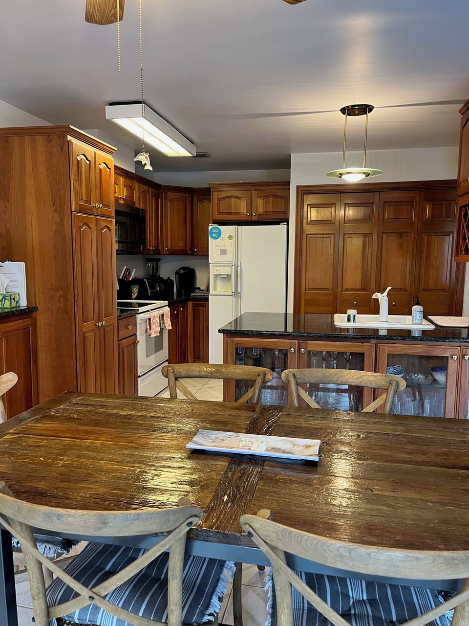 View of kitchen from dining table