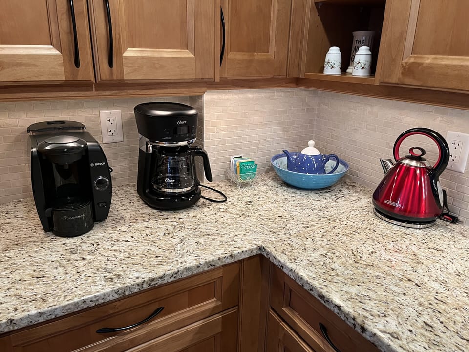 Coffee and Tea is waiting for you.  A choice of Drip or Tassimo Coffee.