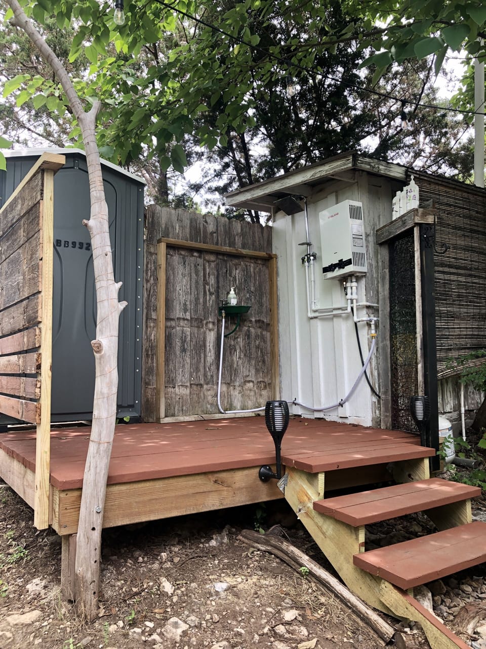 Outdoor shower and restroom just steps from your romantic Safari tent!