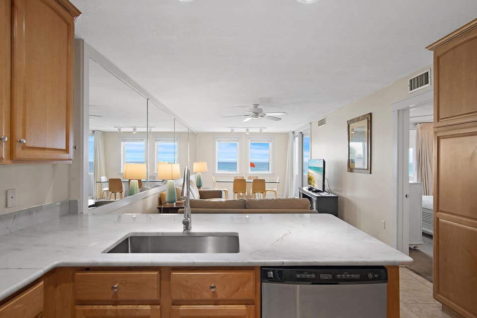 Kitchen Bar Area and Living Area