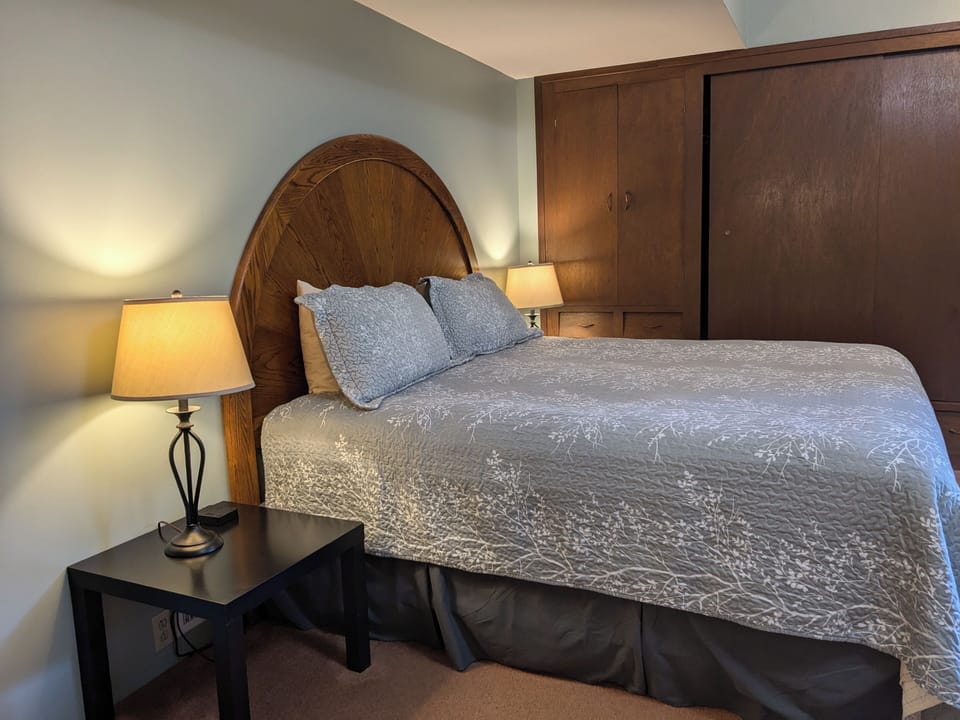 Extra comfortable pillow-top king bed, built-in storage, patio and a view.