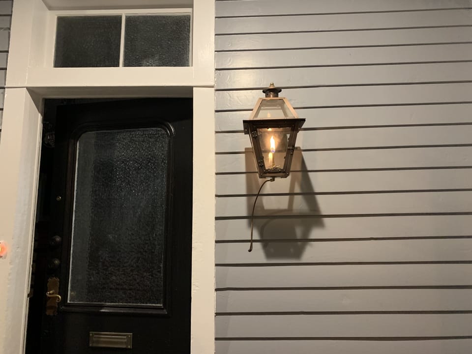 Gas lantern adds charm.
