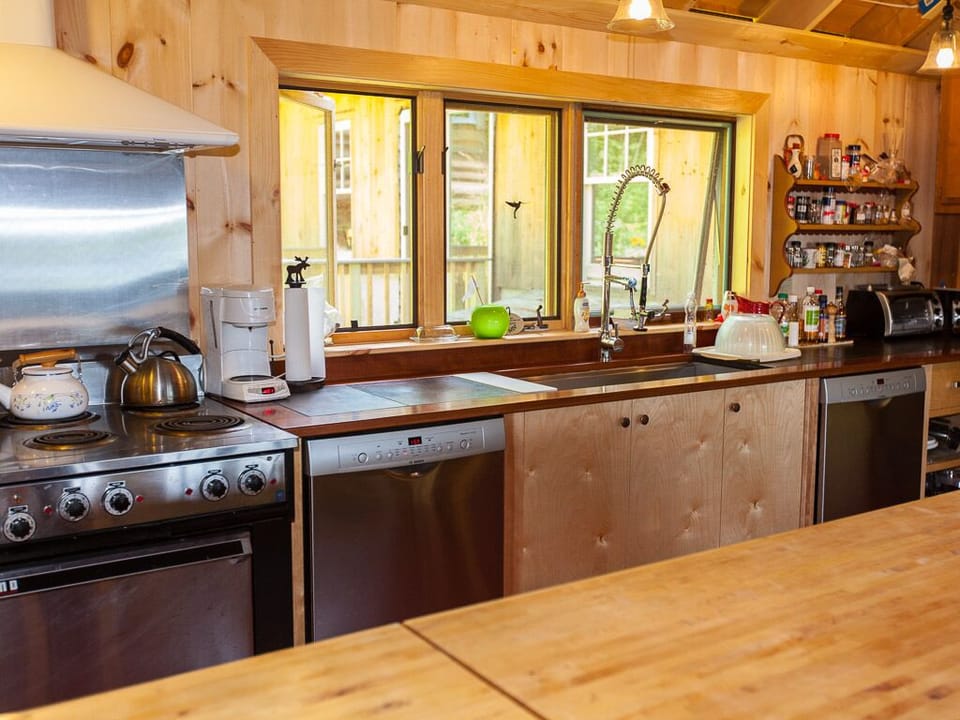 Restaurant stove, two sinks, dishwashers and fridges.