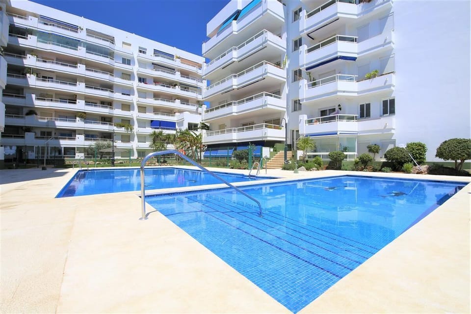 Inviting communal pool area surrounded by gardens