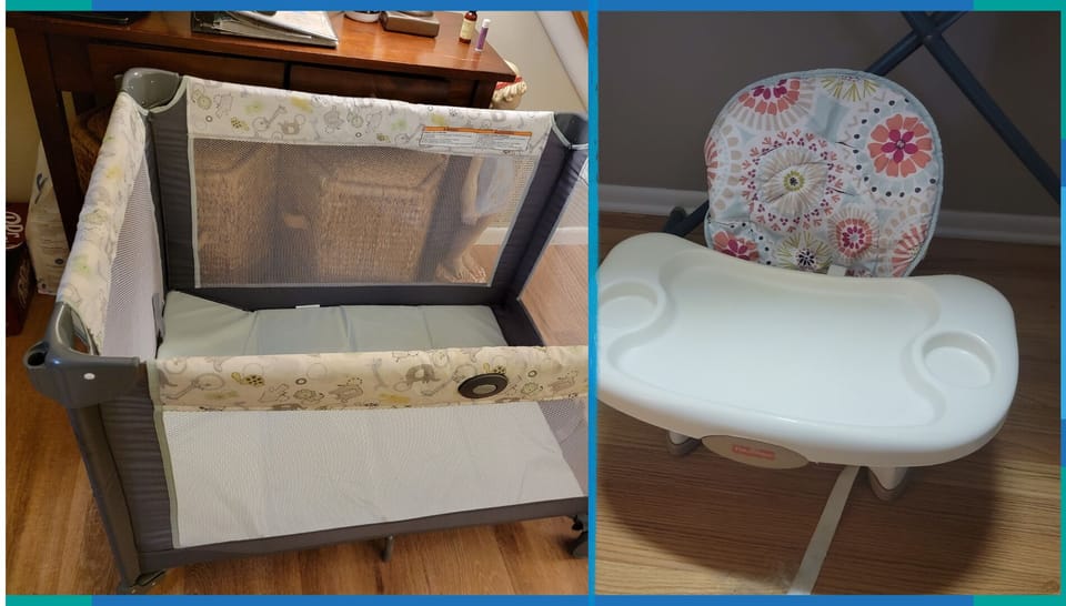 Portable crib, booster/high chair, umbrella stroller, and baby bathtub
