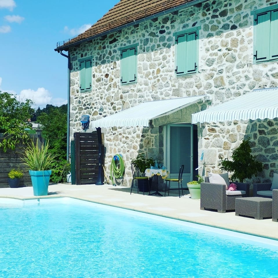 shaded terraced plus parasols if need as the pool area is a real suntrap 