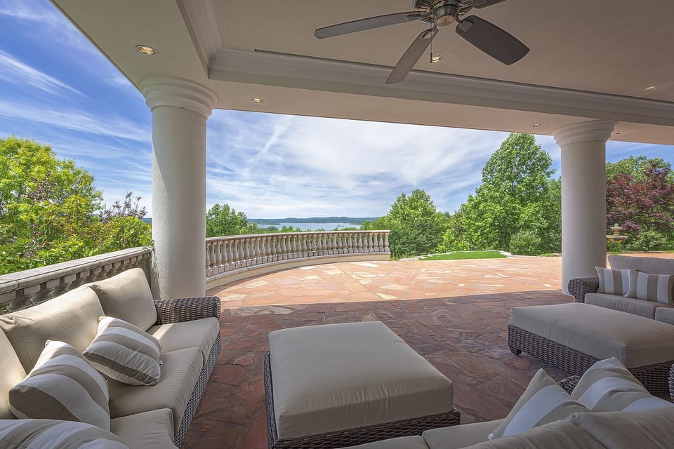 The outdoor seating area overlooking the lake