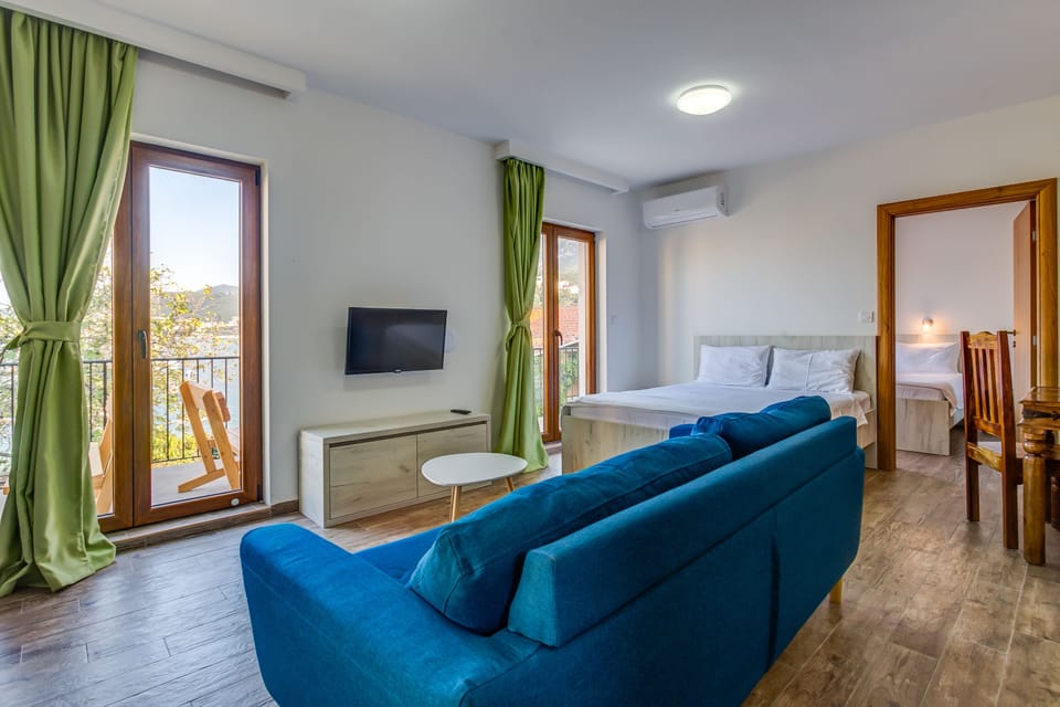 Living room with TV, air - conditioning, one double bed and big terrace.