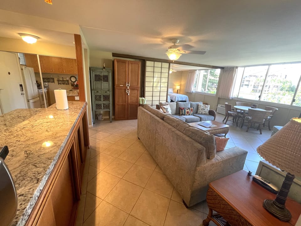 Large couch is sleeper sofa with Temperpedic mattress for additional guest. 