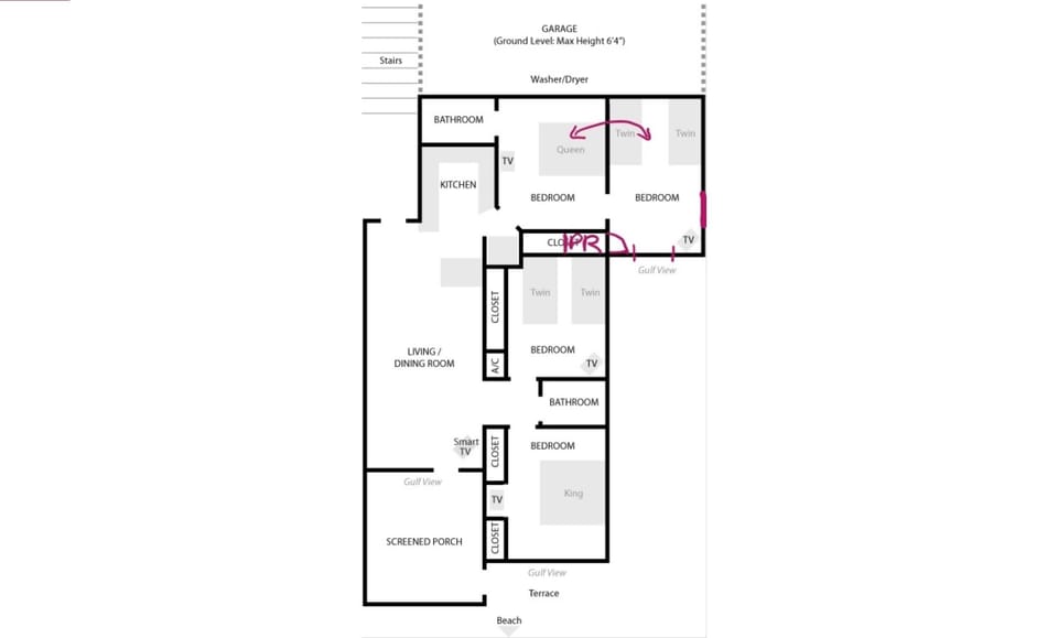 Floorplan - please note access to upper right room is through another bedroom