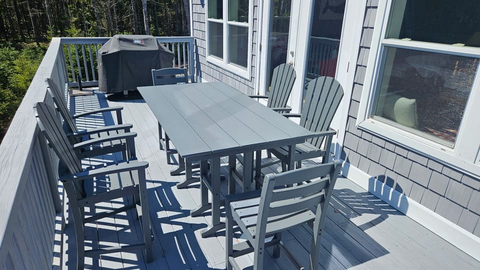 Patio set on the deck and gas grill.