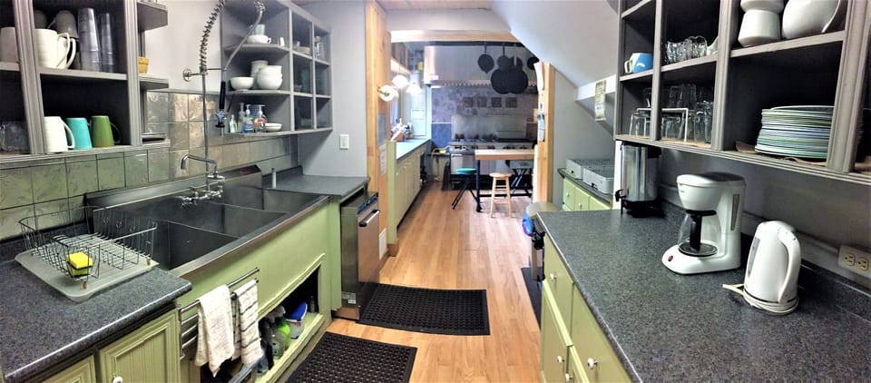 The other L of the Kitchen with commercial dishwasher and triple sink. 