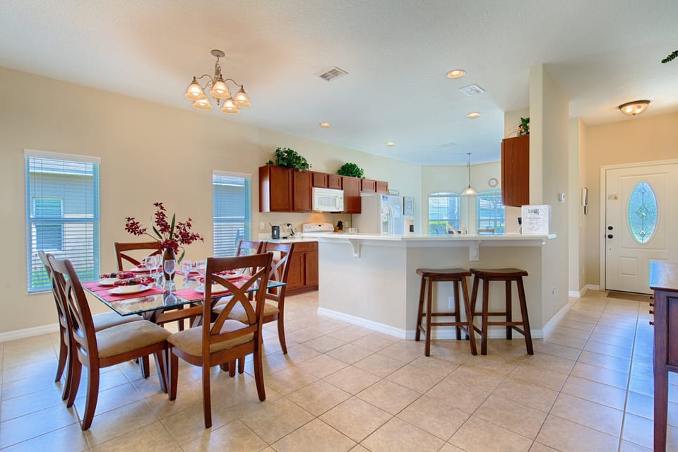 Dining area with a view of the kitchen