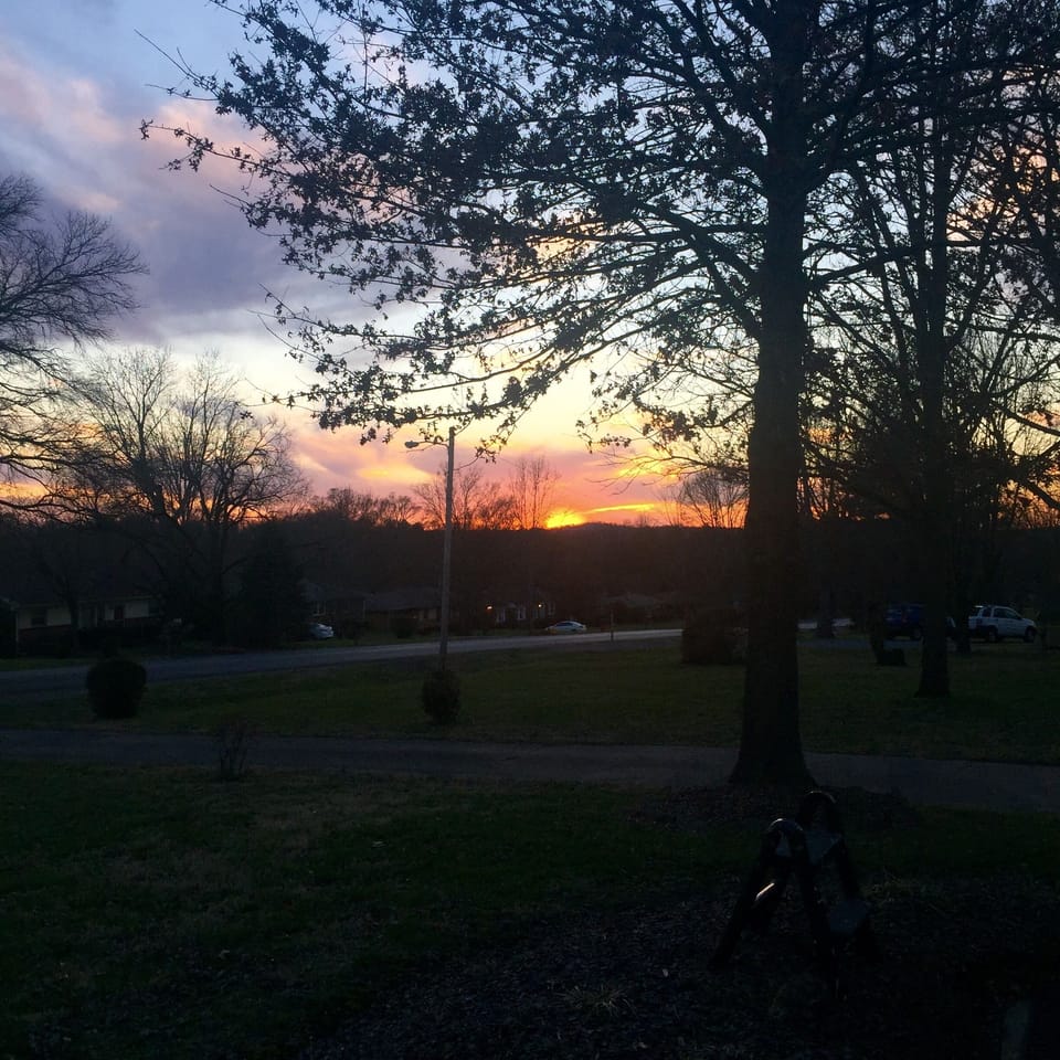 Sunset view and city skyline from steps.