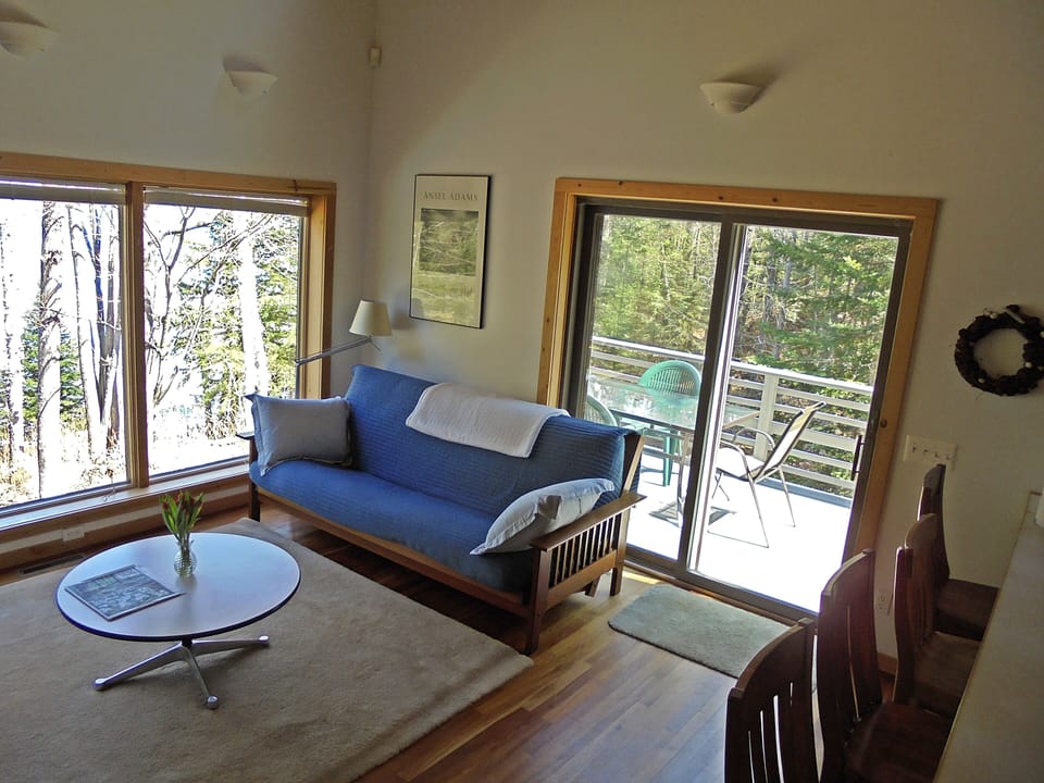 Futon in livingroom with doors to deck.