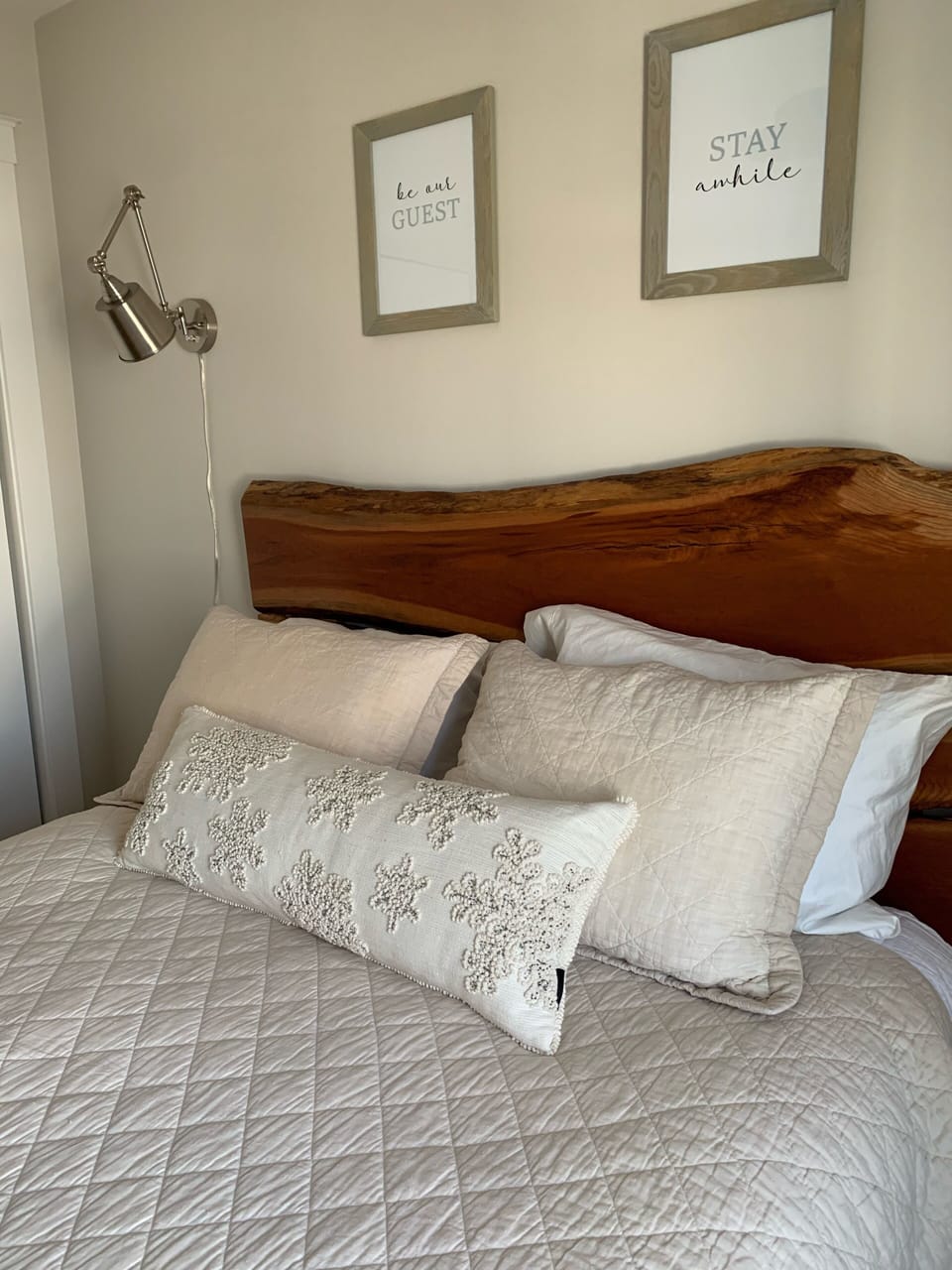 Queen bed with custom wood headboard 