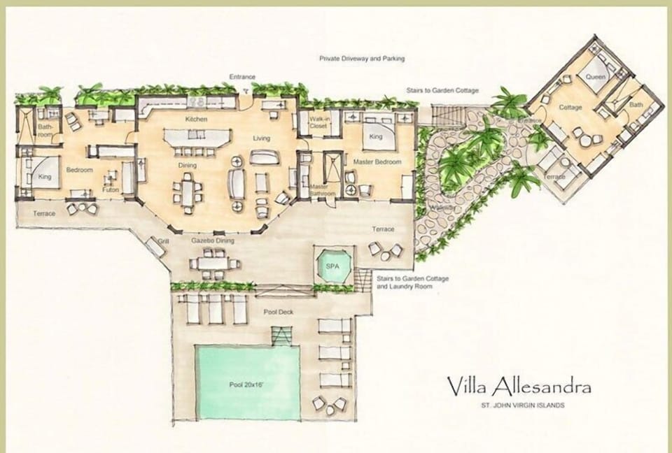 Floor plan. 
Ping-Pong table & covered game area (20' x 20') under deck.