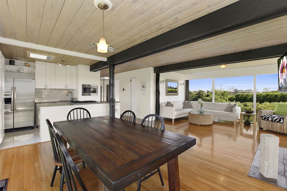 View of the living space from dining area. 