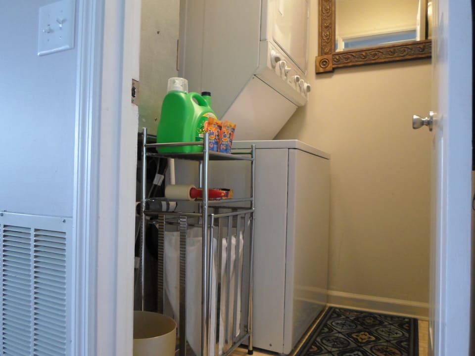 stacked washer/dryer/detergent/dryer sheets/beach towels/iron & board
