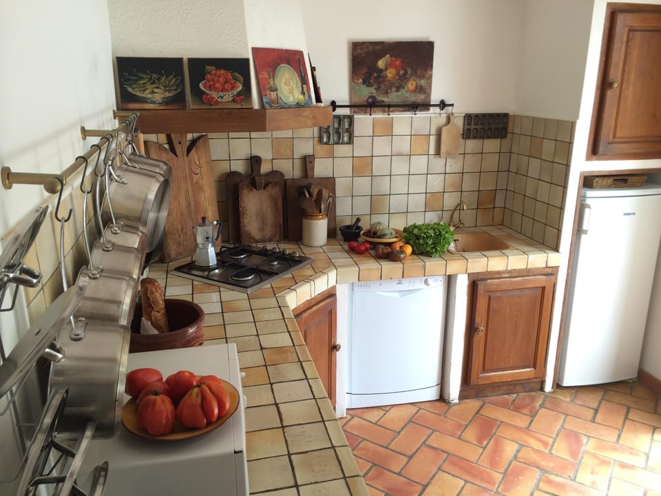 Well stocked kitchen, plenty of pots and utensils