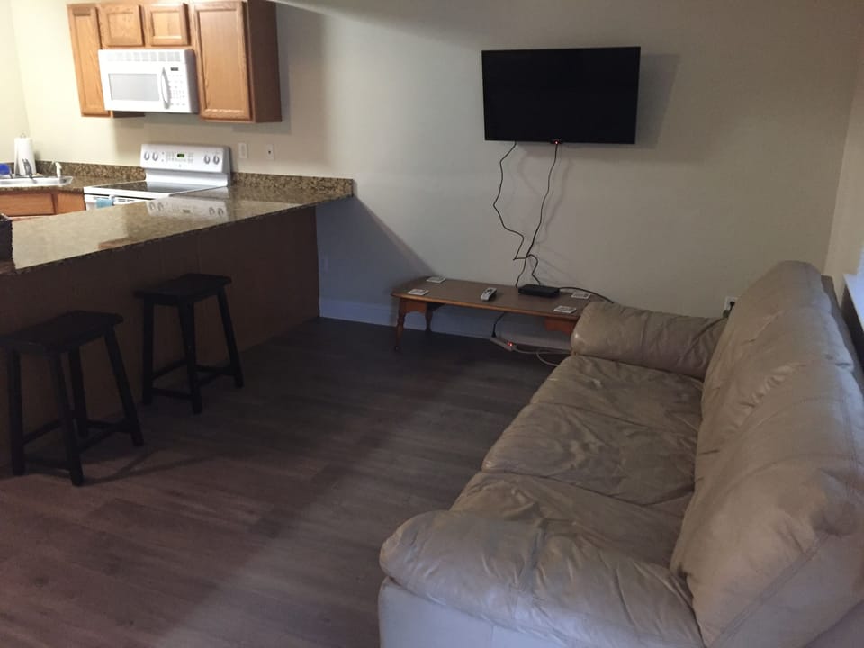 Living room with full sized couch and Roku flat screen television.