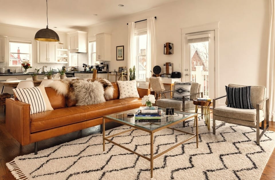 Bright open living space with designer touches and airy modern style
