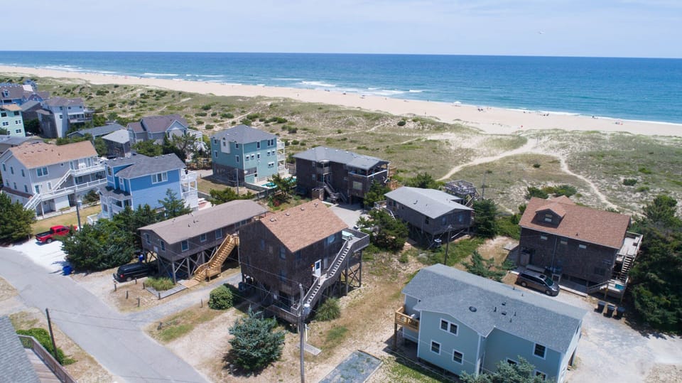 Sky view:  Crab Inn is 2nd row with cedar roof-2nd from right.