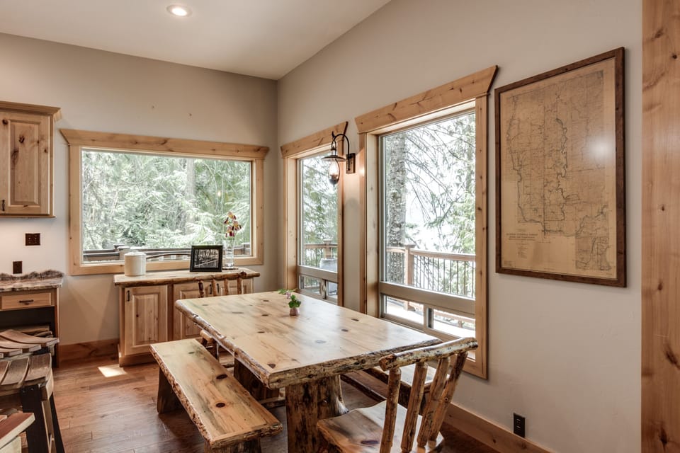 main cabin wood table and buffet serving table