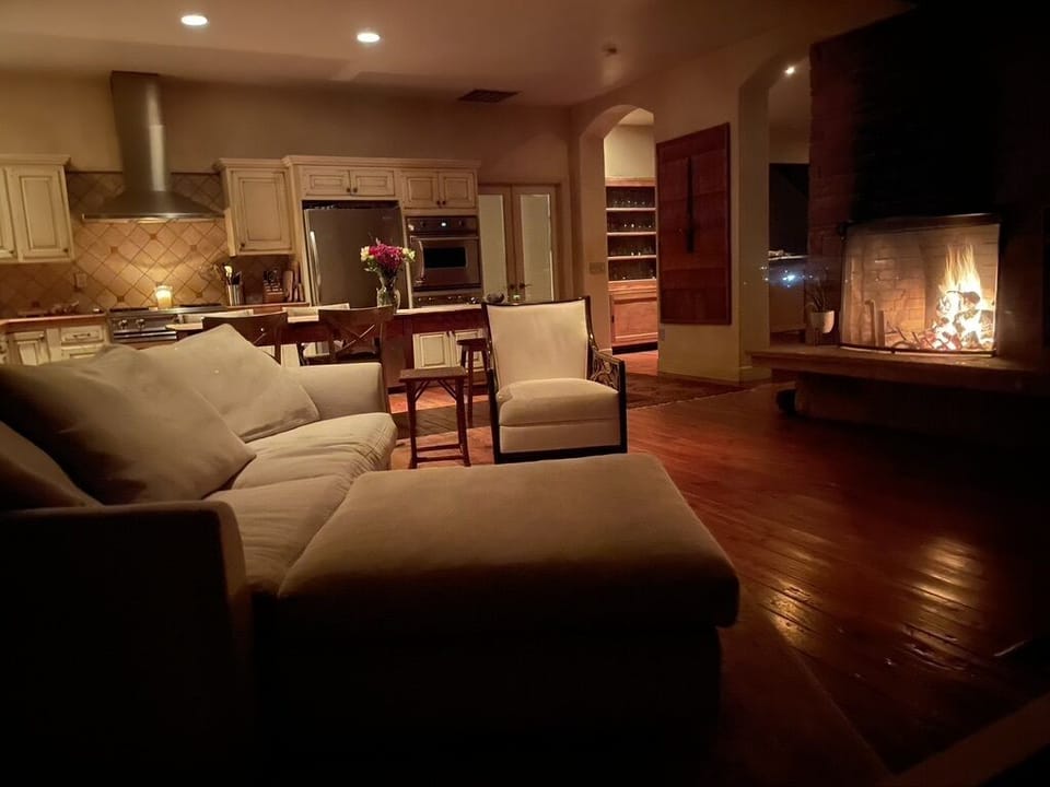 Kitchen seating area at night 