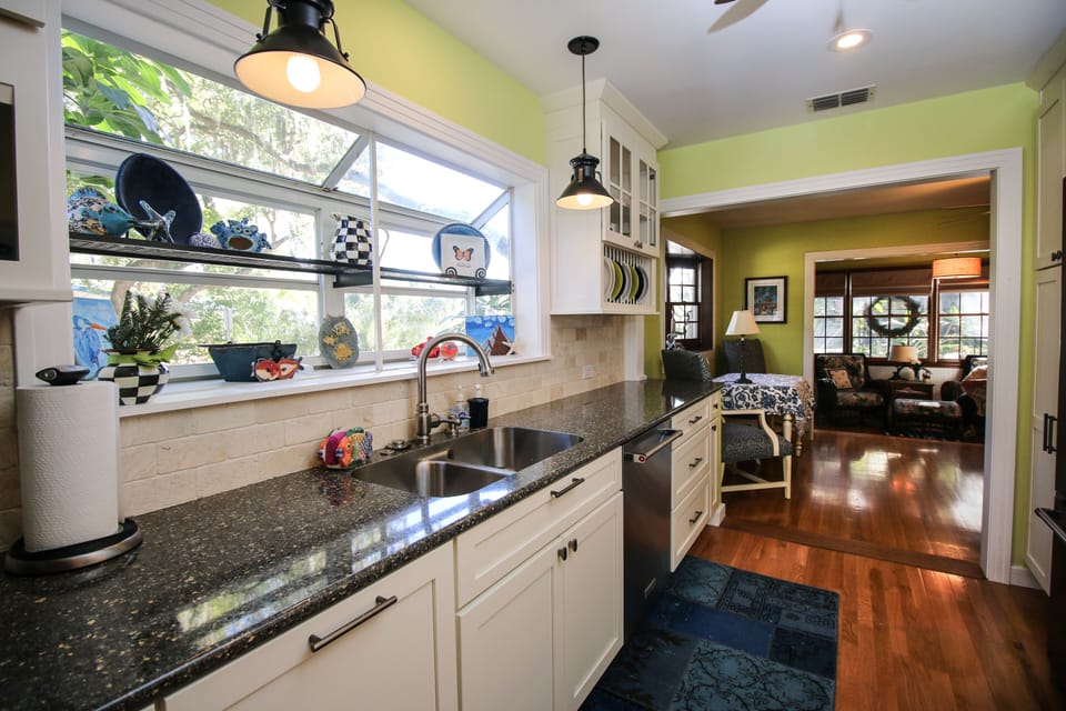 Newly remodeled kitchen facing the dining room.
